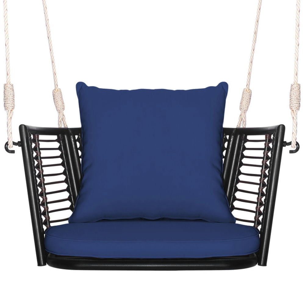 Mix Brown Rattan Hanging Chair with Blue Cushions