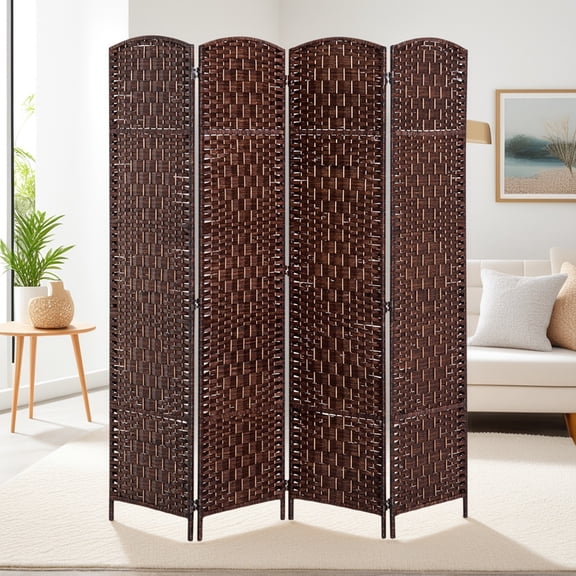 YYAo Privacy Screens, Privacy Fence Panels,4 Panel Folding Privacy Screen, 6FT Tall Portable Wicker Weave Partition Wall Divider, Brown