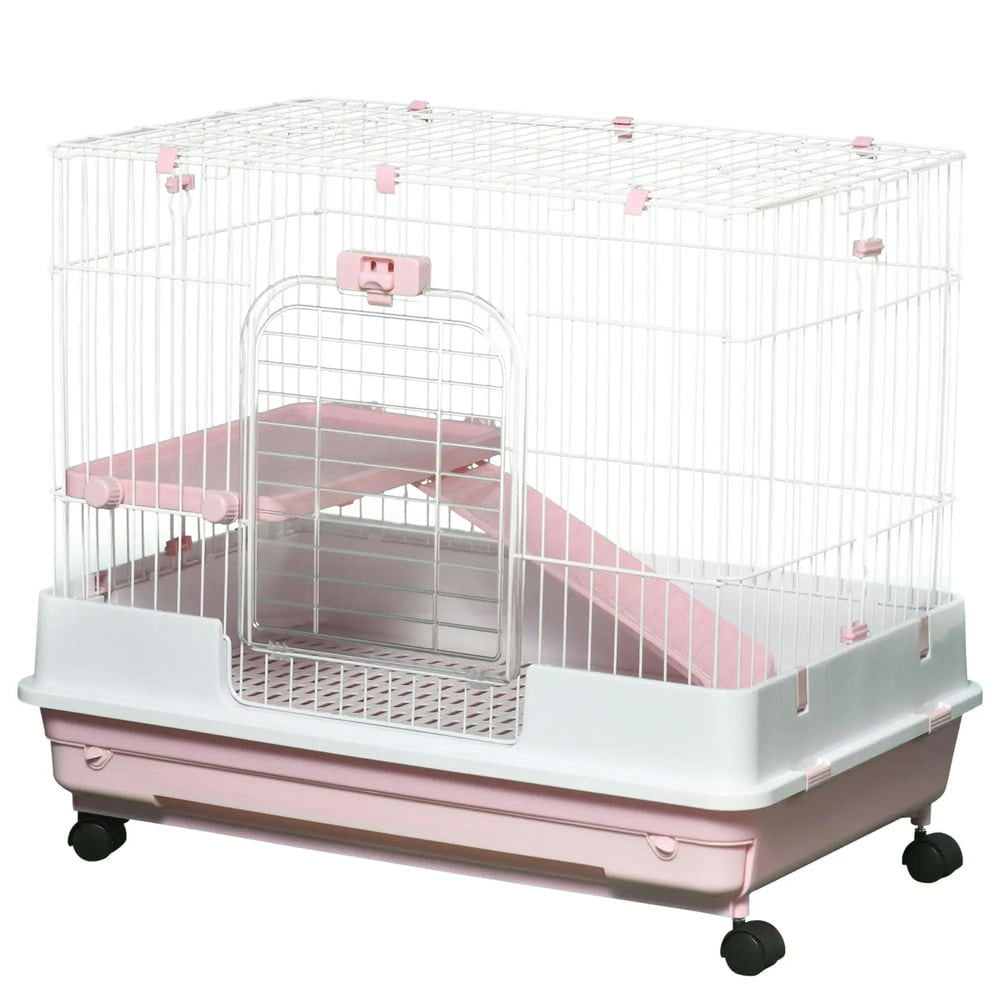YYAo Rabbit Coop, Outdoor Rabbit House,2-Level Small Animal Cage Rabbit Hutch with Wheels, Removable Tray, Platform and Ramp, Pink