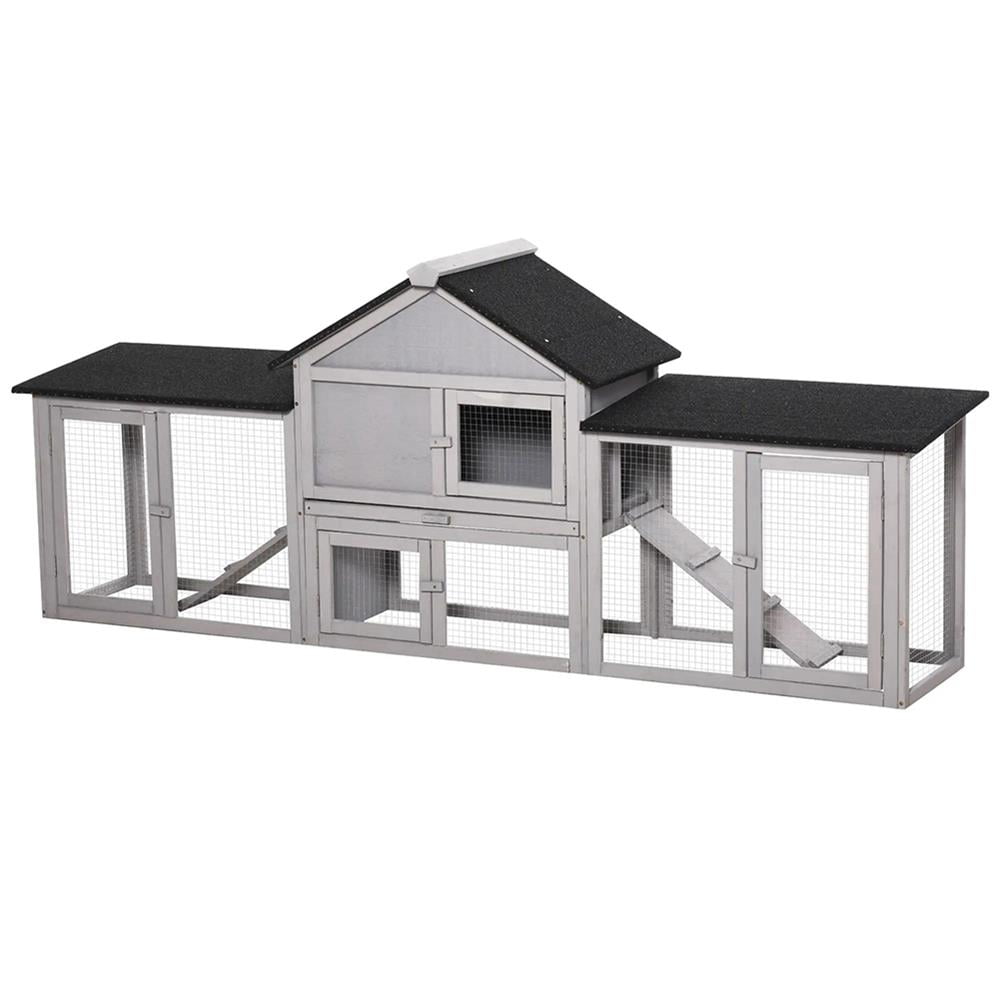 YYAo Rabbit Coop, Outdoor Rabbit House,83" 2 Story Deluxe XL Wooden Rabbit Hutch Big Bunny Cage w/ Ladder and Run, Gray