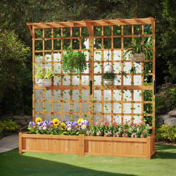 YYAo Raised Garden Bed,Outdoor Planter Box,71 Inches Large Wooden Planter Container with Trellis and Hanging Roof-Orange