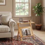 YYAo Rattan Side Table, Z-Shaped Side Table with Tempered Glass Top, Magazine Rack, Bohemian Nightstand, Small Coffee Table, Bamboo Nightstand for Living Room, Bedroom, Natural