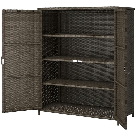YYAo Rattan Wicker Outdoor Storage Cabinet with 4 Shelves and 2 Doors for Garden Pool Towel Storage, Coffee
