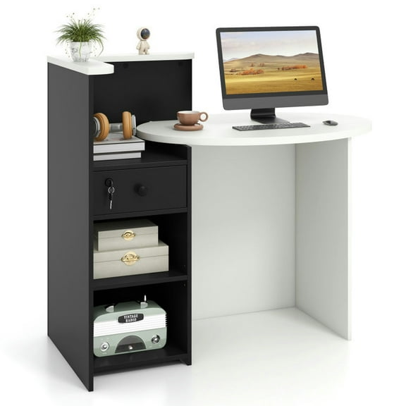 YYAo Reception Desk Retail Counter,Reception Office Desk with Open Shelf and Lockable Drawer-Black