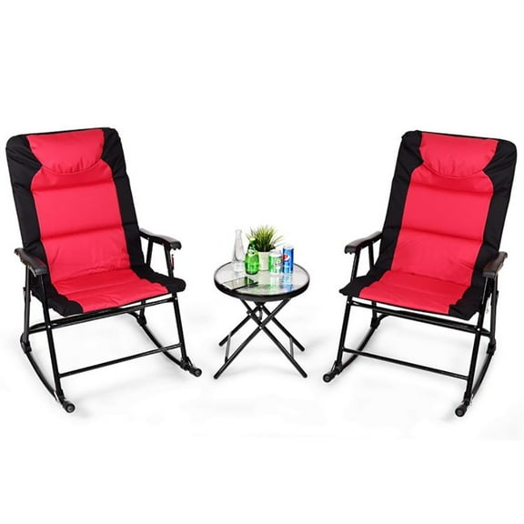 YYAo Recliner, 3 Pieces Folding Portable Rocking Lounge Chairs Table Set with Cushion, Outdoor Reclining Chair-Black&Red