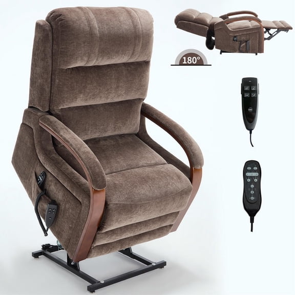 YYAo Reclining Lounge Chair with Solid Wood Armrests, Heat Massage and Heavy Duty Motion Mechanism, Recliner Sofa Seat with Power Chenille Lift Dual Motor, Brown