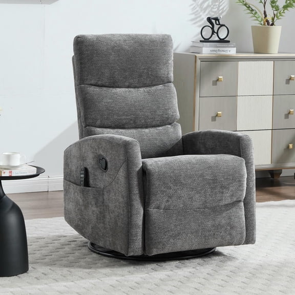 YYAo Reclining Lounge Chair with Rocker and Swivel, Heat Massage Recliner Sofa Seat with Chenille Fabric for Living Room, Bedroom, Drak Gray