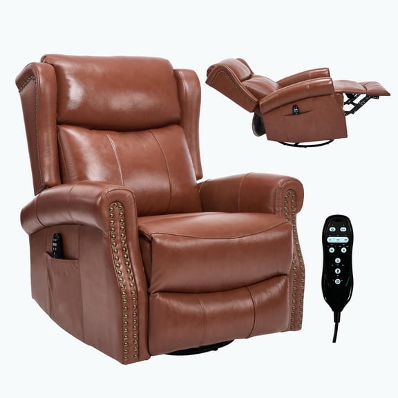 YYAo Reclining Lounge Chair with Rocker and Swivel, Recliner Sofa Seat with Heat Massage and Pu Leatheraire for Living Room, Bedroom, Light Red
