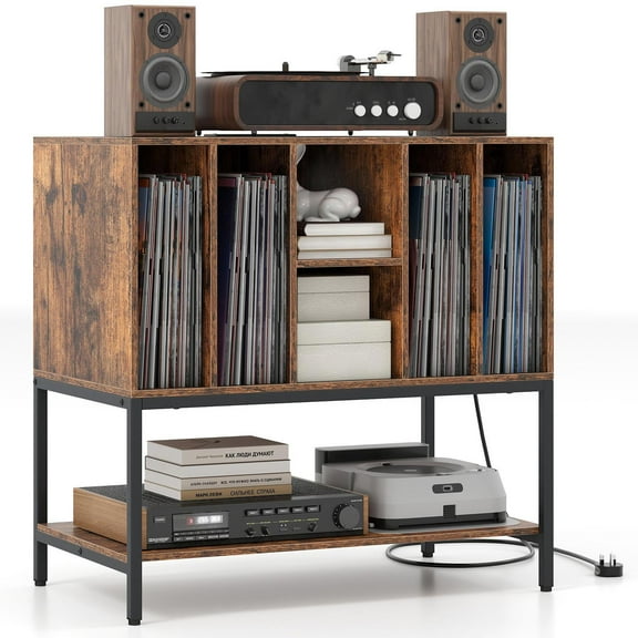 YYAo Record Player End Table with Charging Station and Metal Frame, Side End Table for Living Room, Bedroom, Home Office, Rustic Brown