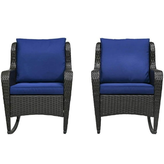 YYAo Rocking Bistro Chairs, Outdoor Rocker Chairs,2 Piece Outdoor Wicker Rocking Chairs with Cushions, Steel Frame for Patio, Garden, Backyard, Dark Blue