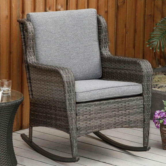 YYAo Rocking Bistro Chairs, Outdoor Rocker Chairs,Patio Wicker Rocking Chair w/ Soft Cushions, Classic Style for Garden, Patio, Lawn, Mixed Grey