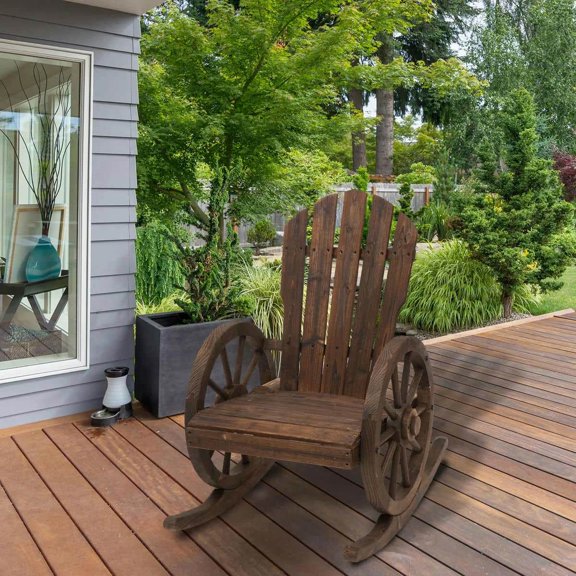YYAo Rocking Bistro Chairs, Outdoor Rocker Chairs,Wooden Rocking Chair, Outdoor Rocking Chair with Wagon Wheel Armrest for Porch, Poolside, and Garden, Carbonized