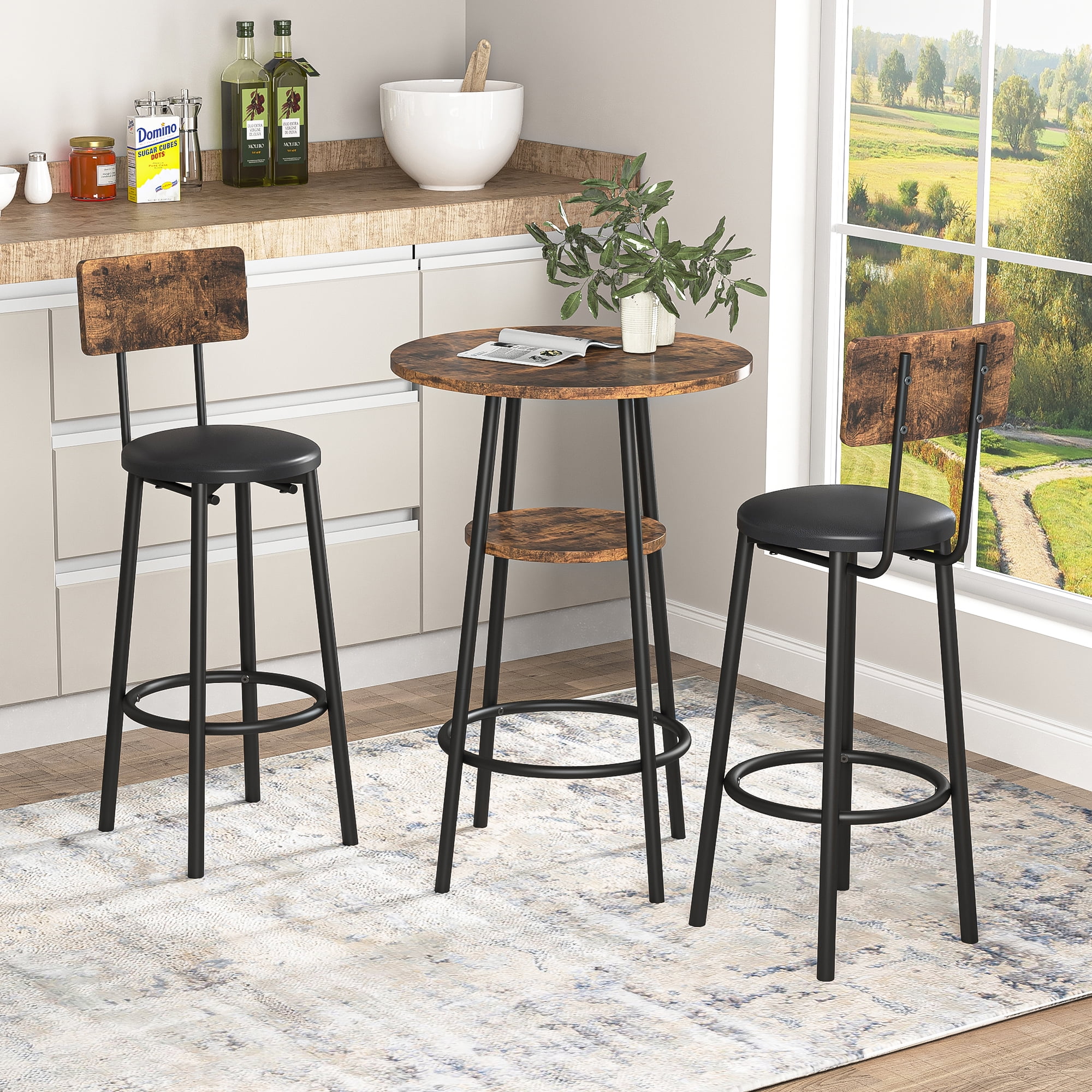YYAo Round Bistro Bar Table Set, 3-Piece Pub Table and Chairs Set of 2,High Top Kitchen Table and 2 Upholstered Stools for Small Space Rustic Brown, 23.62'' W x 23.62'' D x 35.43'' H YYAo Round Bistro Bar Table Set, 3-Piece Pub Table and Chairs Set of 2,High Top Kitchen Table and 2 Upholstered Stools for Small Space Rustic Brown, 23.62'' W x 23.62'' D x 35.43'' H