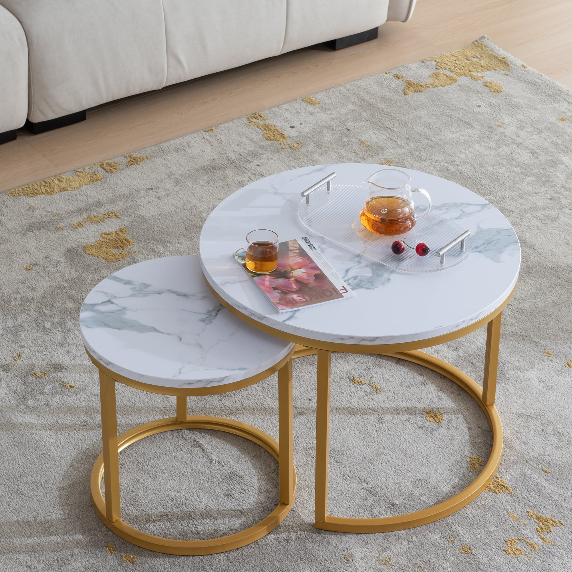 YYAo Round Nesting Coffee Set of 2, Modern Marble Accent Table with Sturdy Metal Legs for Living Room Office Balcony, Gold YYAo Round Nesting Coffee Set of 2, Modern Marble Accent Table with Sturdy Metal Legs for Living Room Office Balcony, Gold