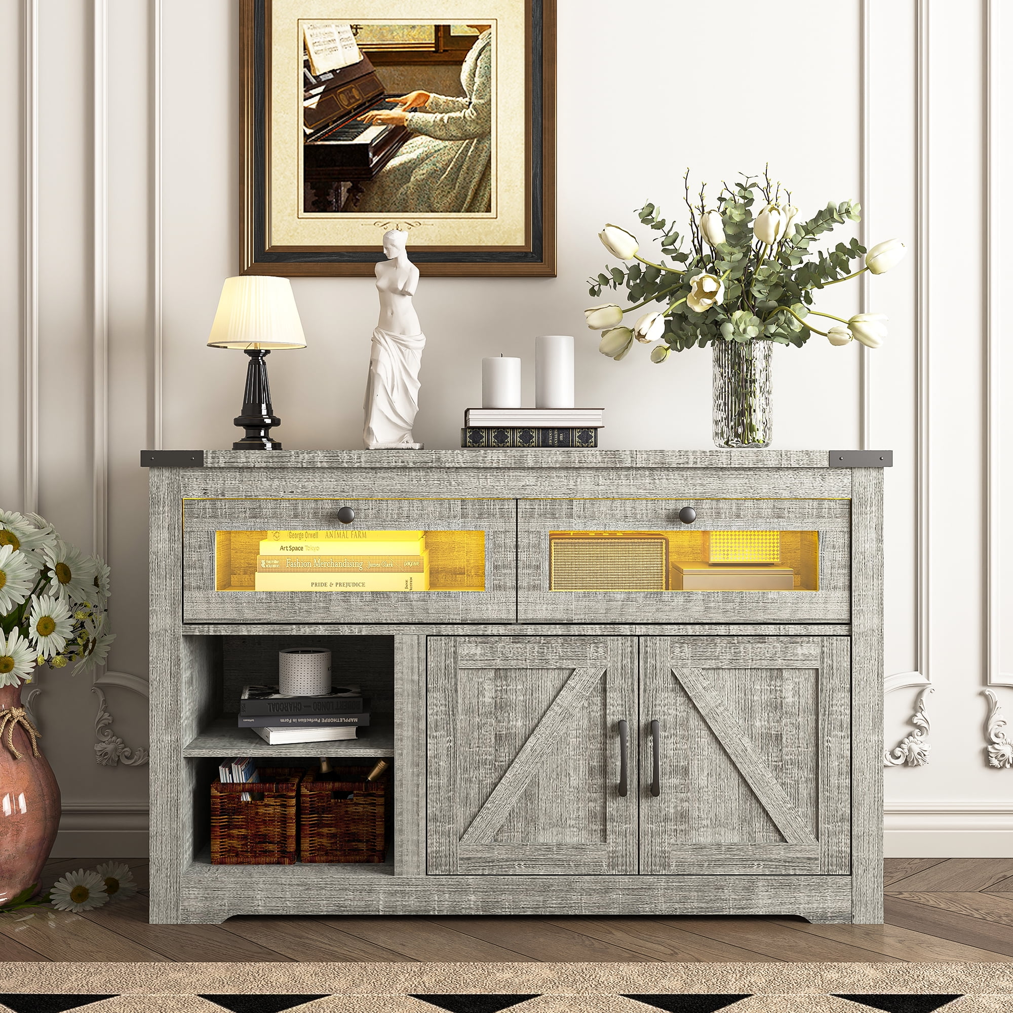 YYAo Rustic Wooden Chest of Drawers, 55" TV Stand Dresser with LED Light and USB Outlets, Organizer Storage Cabinet for Bedroom, Hallway, Entryway, Gray YYAo Rustic Wooden Chest of Drawers, 55" TV Stand Dresser with LED Light and USB Outlets, Organizer Storage Cabinet for Bedroom, Hallway, Entryway, Gray