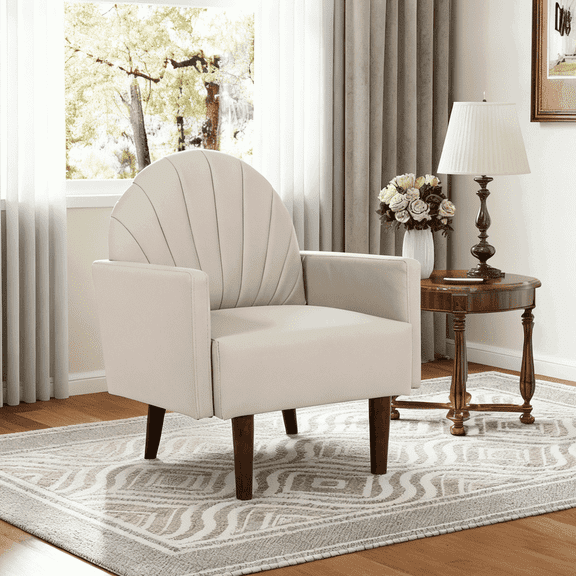YYAo Shell-Shaped Armchair with PU Leather Upholstery, Contemporary Armchair with Wooden Legs for Living Room, PU Leather Upholstered Chair, Khaki