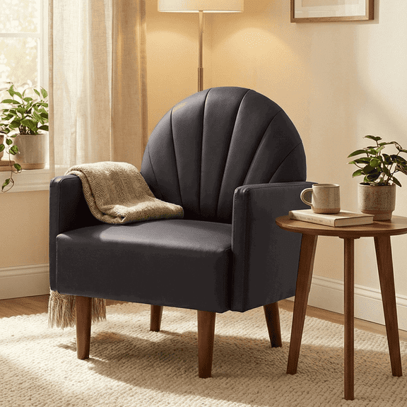 YYAo Shell-Shaped PU Leather Upholstered Armchair, Contemporary Armchair with Wooden Legs for Living Room, PU Leather Chair, Dark Brown