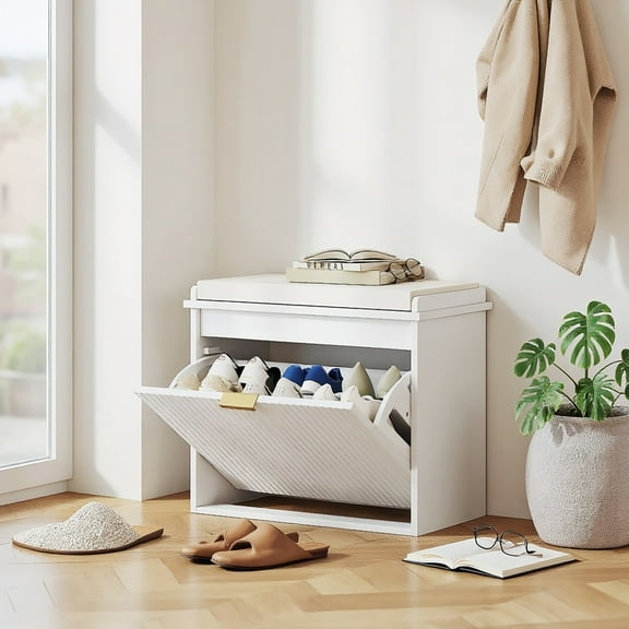 YYAo Shoe Rack Bench,Shoe Storage Organizer, Shoe Storage Bench with Padded Seat Cushion and Flip-Drawer, Entryway Bench, 24.4" L, White