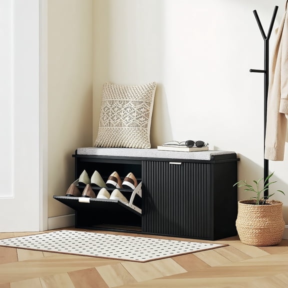 YYAo Shoe Rack Bench,Shoe Storage Organizer, Shoe Storage Bench with Padded Seat Cushion and Flip-Drawer, Entryway Bench, 40.9"L, Black