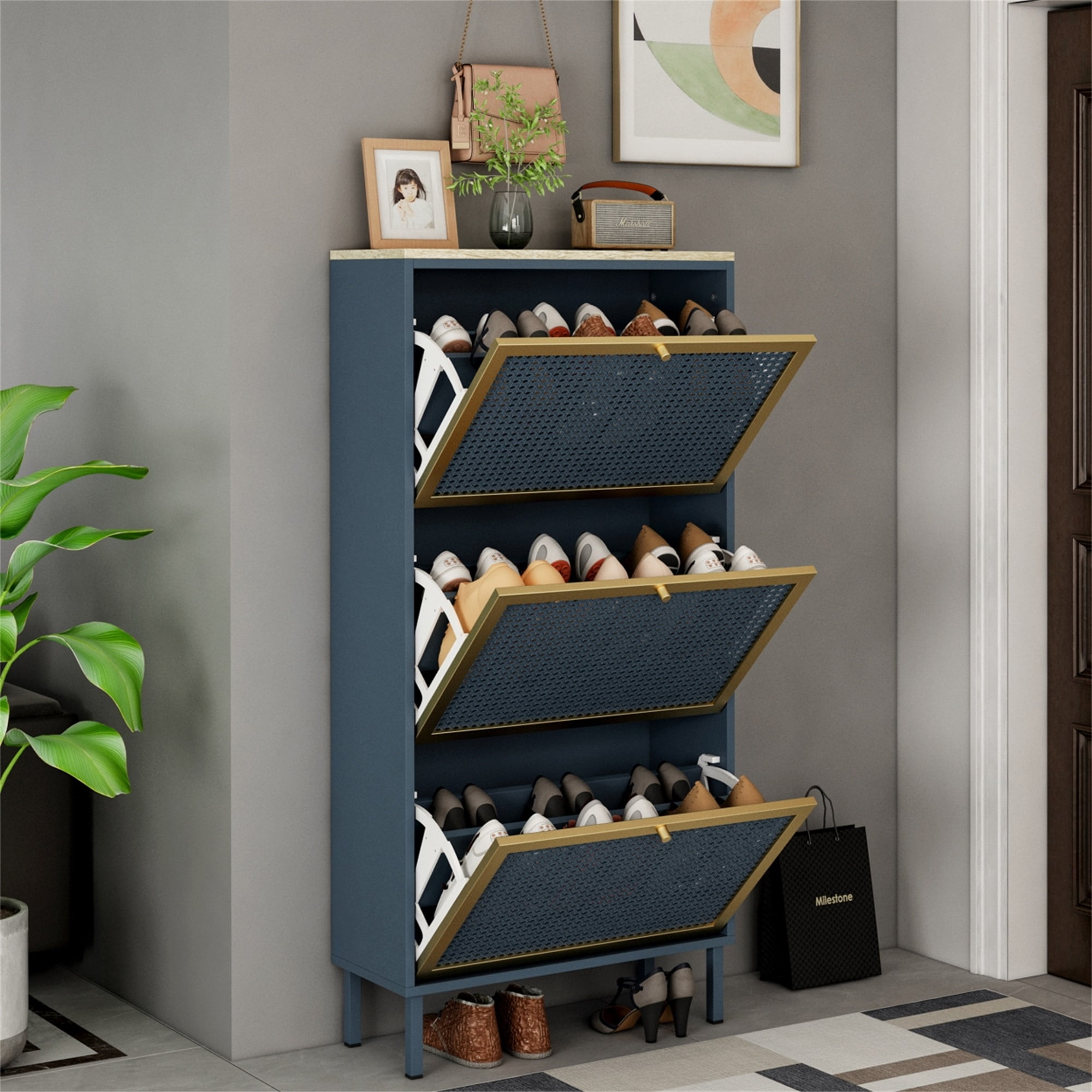 YYAo Shoe Rack Storage Cabinets, 3-Tier Metal Rattan Door Shoe Rack for Living Room Bathroom, Blue&Gray YYAo Shoe Rack Storage Cabinets, 3-Tier Metal Rattan Door Shoe Rack for Living Room Bathroom, Blue&Gray