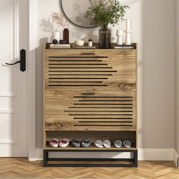 YYAo Shoe Storage Cabinet for Entryway, Free Standing Shoe Organizer with 2 Flip Drawers, Hidden Shoe Rack Storage Organizer for Doorway Hallway Closet, Brown