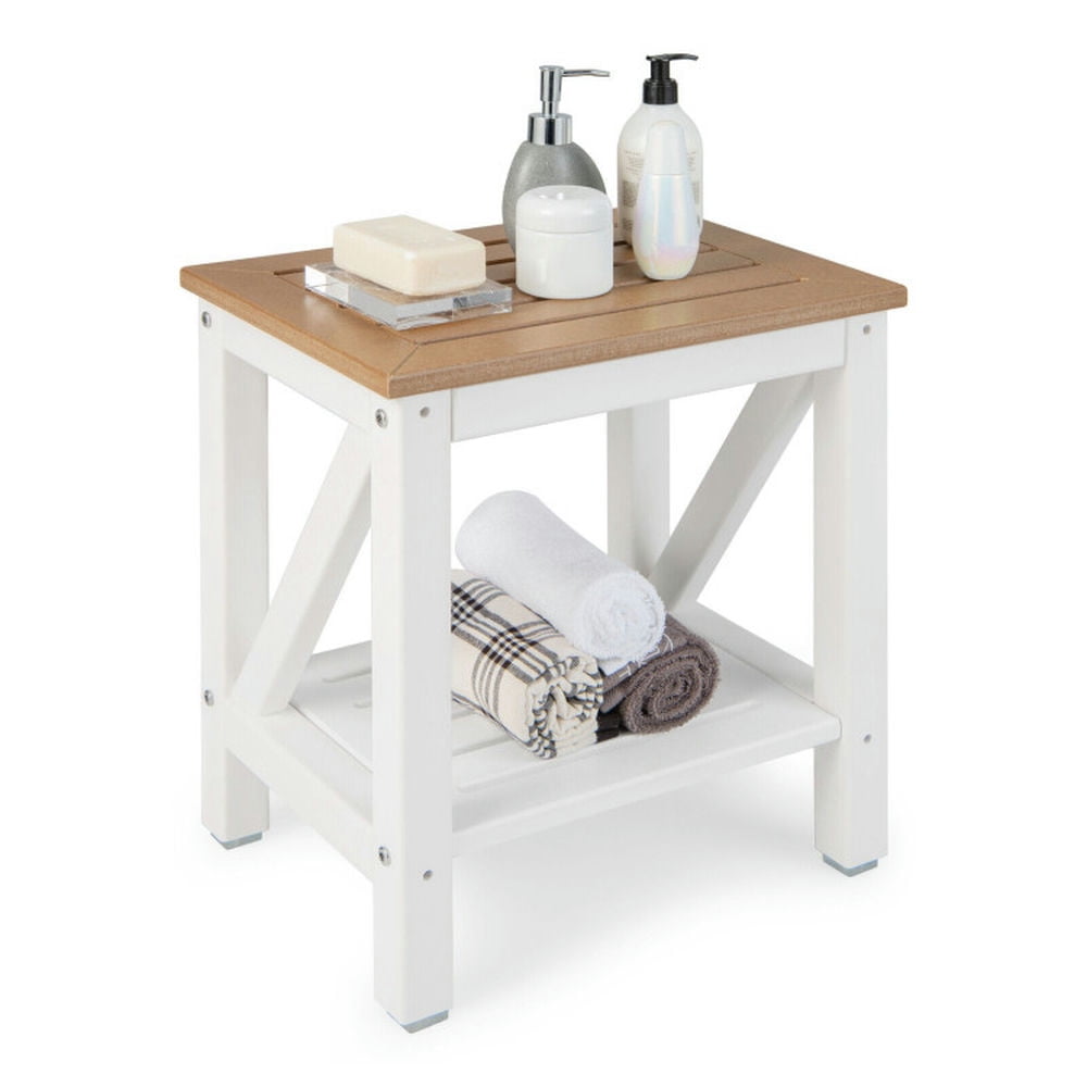 Brown and White HDPE Waterproof Shower Bench with Storage Shelf