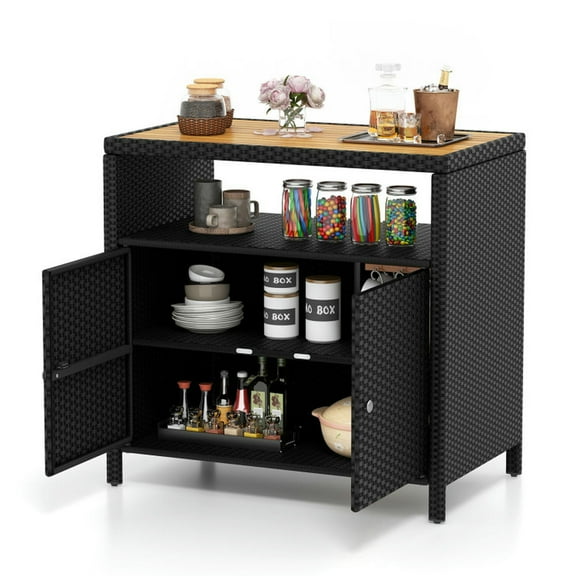 YYAo Sideboard Buffet Cabinet,Sideboard Buffet Kitchen Storage Cabinet,Rattan Storage Cabinet with Acacia Wood Countertop for Poolside Deck and Patio-Black