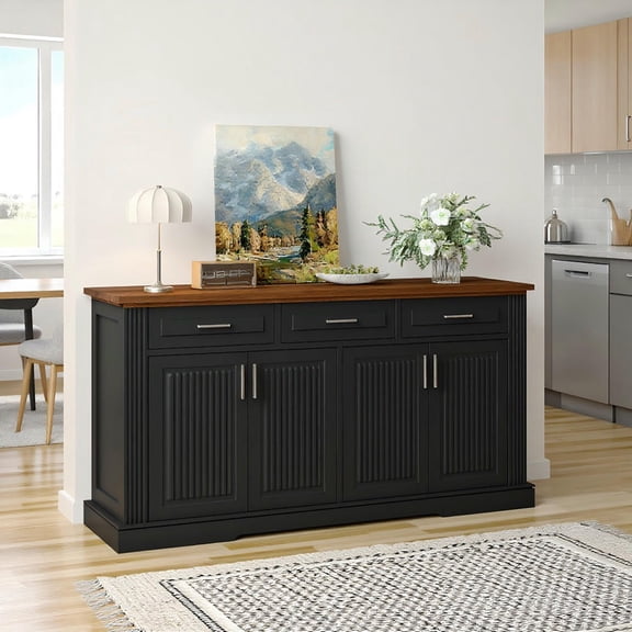 YYAo Sideboard Cabinet, Coffee Bar Cabinet,63" Fluted Sideboard Buffet Cabinet with Storage, Coffee Bar Station with 4 Doors and 3 Drawers, Black