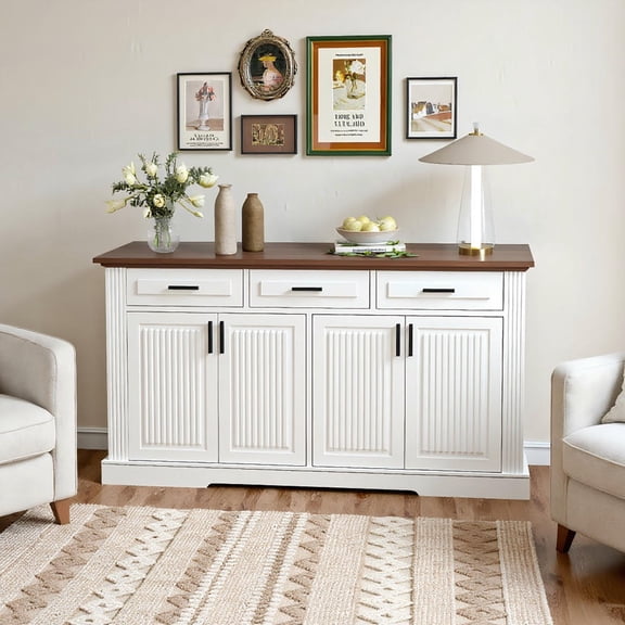 YYAo Sideboard Cabinet, Coffee Bar Cabinet,63" Fluted Sideboard Buffet Cabinet with Storage, Coffee Bar Station with 4 Doors and 3 Drawers, White