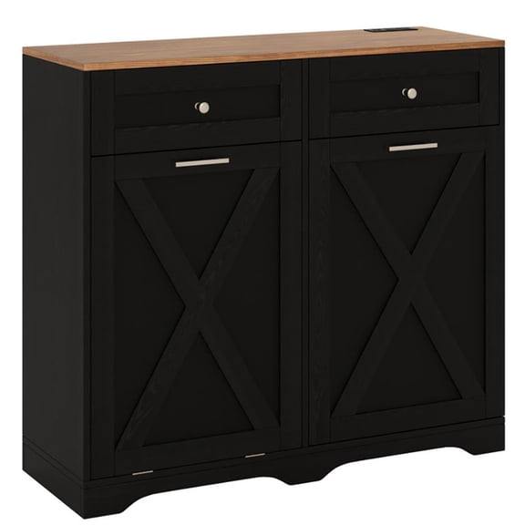 YYAo Sideboard Cabinet, Coffee Bar Cabinet,Tilt Out Trash Can Cabinet with Outlets and Adjustable Shelf-Black