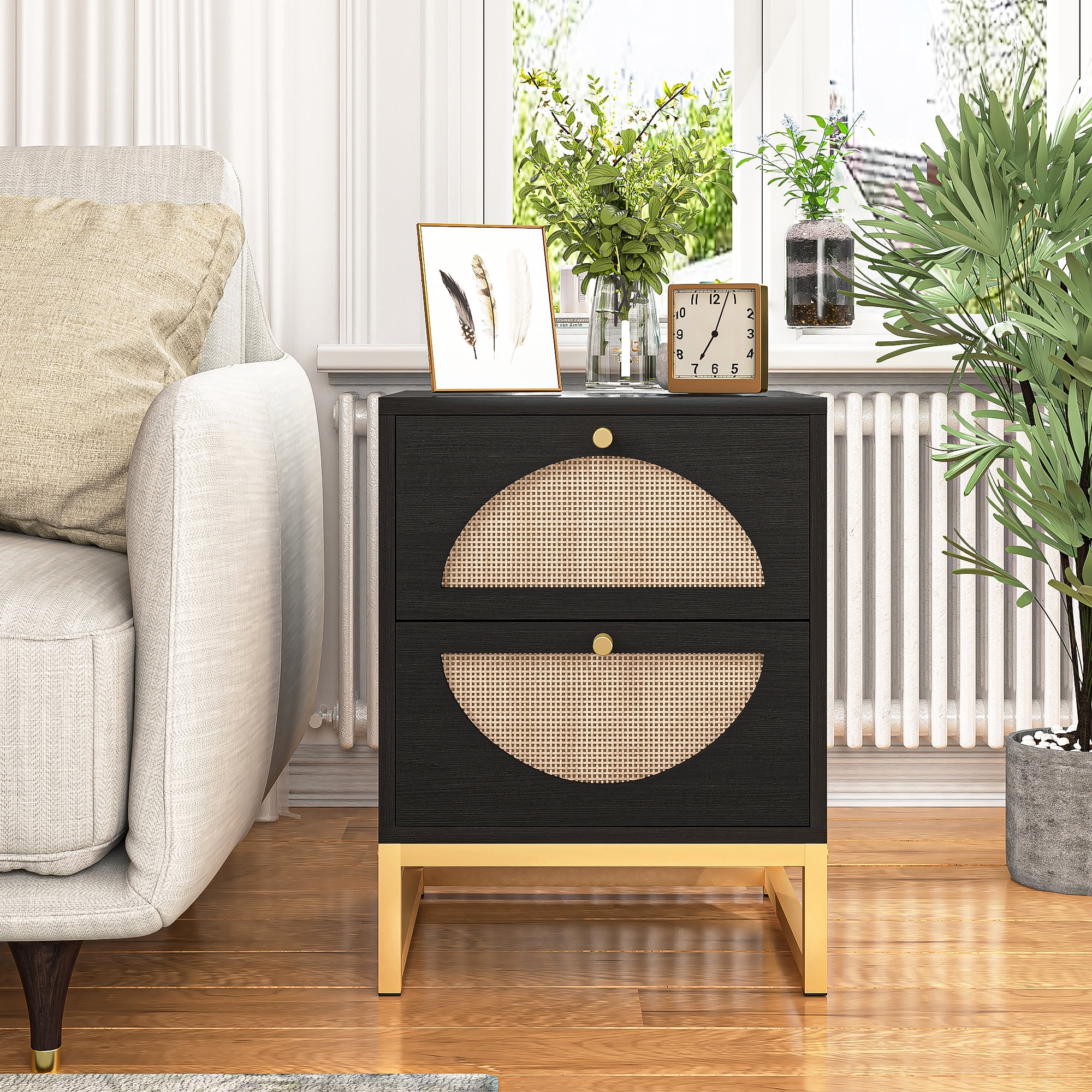 YYAo Single Nightstand, Bedside End Table with 2 Natural Rattan Drawer & Metal Legs, Side Table for Bedroom and Living Room, Black YYAo Single Nightstand, Bedside End Table with 2 Natural Rattan Drawer & Metal Legs, Side Table for Bedroom and Living Room, Black