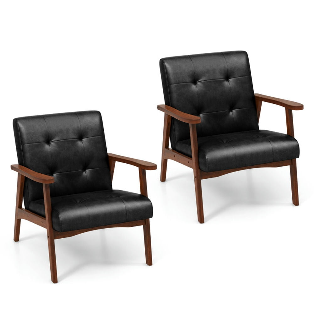 Black Leather Mid-Century Modern Accent Chair with Wooden Frame