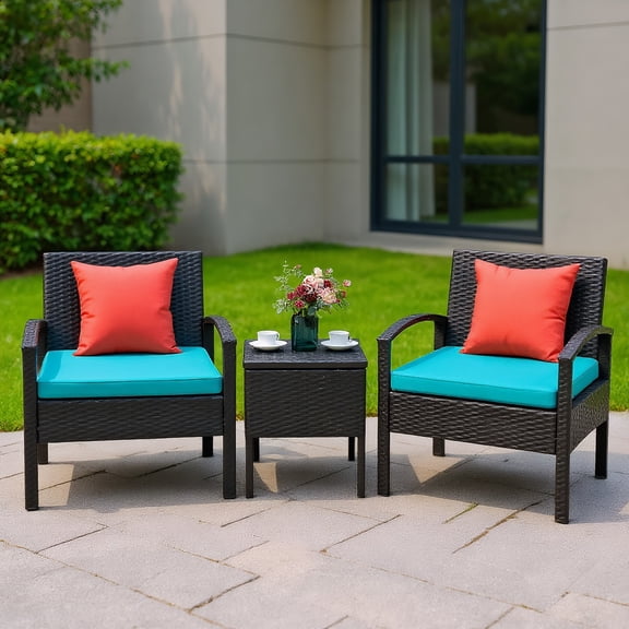 YYAo Sofa Couch Conversation Sets, Outdoor Bistro Set, 3 Piece Outdoor Wicker Sofa Set, Outdoor Patio Chairs with Removable Cushions and Coffee Table, Sectional Wicker Loveseat Sofa(Turquoise)