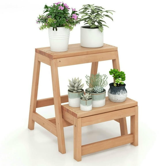 YYAo Step Stool,Multipurpose Wood Folding 2-Step Stool for Indoor Outdoor Plant Stand-Natural