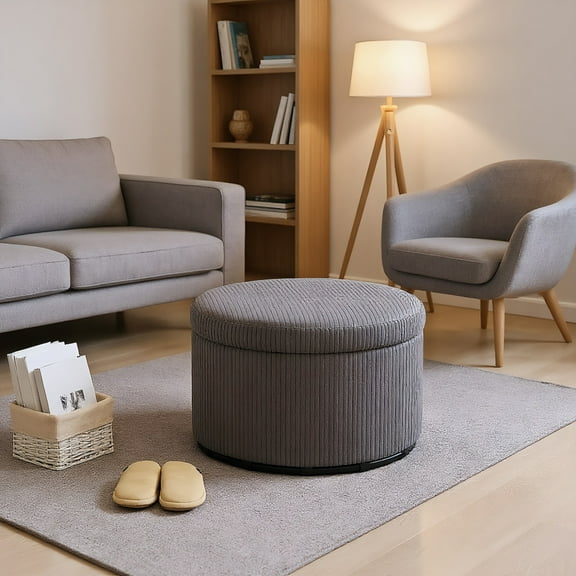 YYAo Storage Bench, Bedroom Bed Bench Ottoman,24" Round Storage Ottoman Stool with Lid, Upholstered Corduroy Foot Rest, Gray