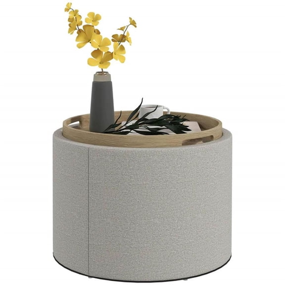 YYAo Storage Bench, Bedroom Bed Bench Ottoman,Round Storage Ottoman Coffee Table with Flip Top Tray, Linen Fabric Upholstered Footstool with Hidden Compartment