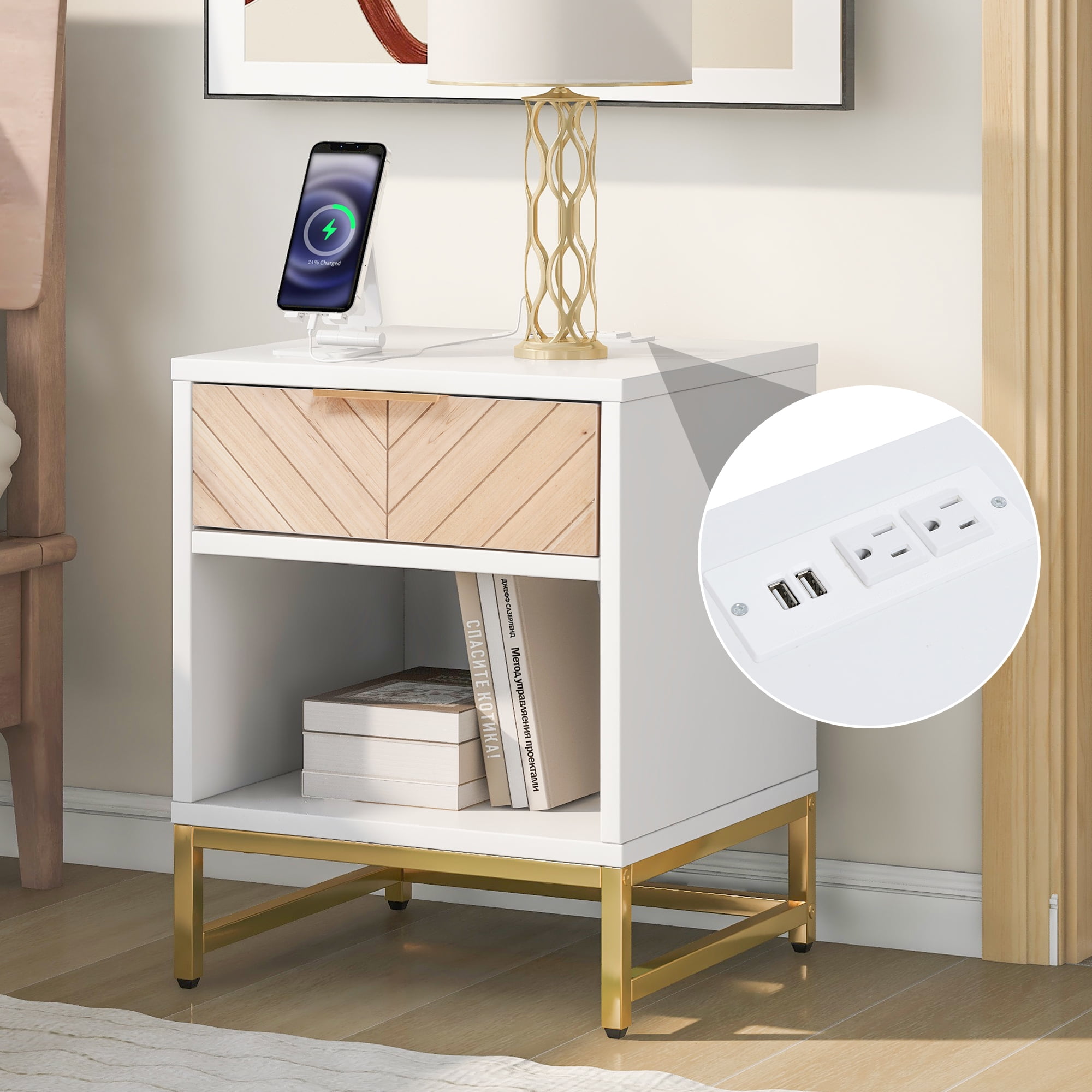 YYAo Storage Nightstand Dresser, Bedside Table with USB Charging