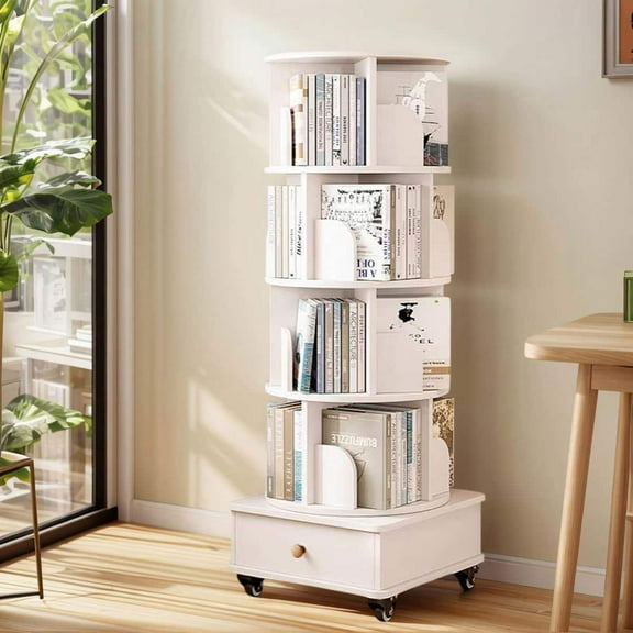 YYAo Storage Organizer Bookcase, Display Rack Shelves,Rotating Bookshelf with Drawer, 360 Display 5 Tier Corner Bookshelf for Small Space, White