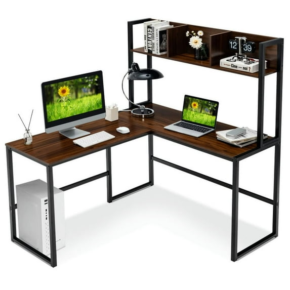 YYAo Sturdy Computer Workstation,L-Shaped Corner Computer Desk Writing Table,Reversible L-Shaped Corner Desk with Storage Bookshelf-Walnut