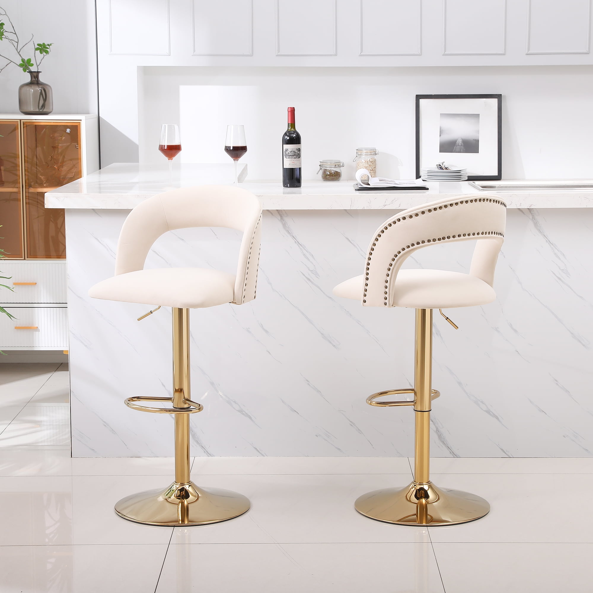 YYAo Swivel Bar Stools Chair Set of 2, Modern Adjustable Counter Height Bar Stools, Velvet Upholstered Stool with Back& Footrest for Kitchen, Beige YYAo Swivel Bar Stools Chair Set of 2, Modern Adjustable Counter Height Bar Stools, Velvet Upholstered Stool with Back& Footrest for Kitchen, Beige