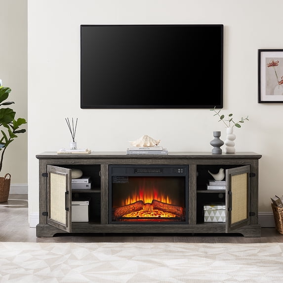 YYAo TV Media Console Table,TV Stand,Farmhouse Rattan TV Stand Console Table for TVs up to 70 Inches, Storage tv stand with 23" fireplace insert,GREY