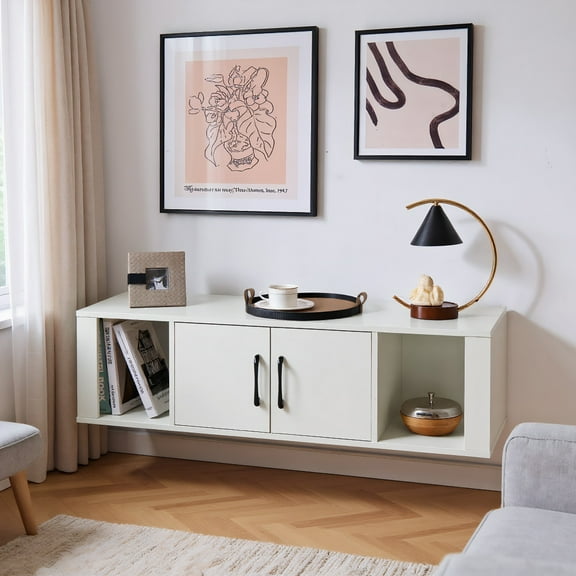 YYAo TV Stand, Television Console Table,Entertainment Center,Wall Mounted Floating 2 Door Desk Hutch Storage Shelves-White