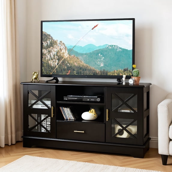 YYAo TV Stand, Television Console Table,Entertainment Center,Wood TV Stand with 2 Glass Door Cabinets and 2-Tier Adjustable Shelves-Brown