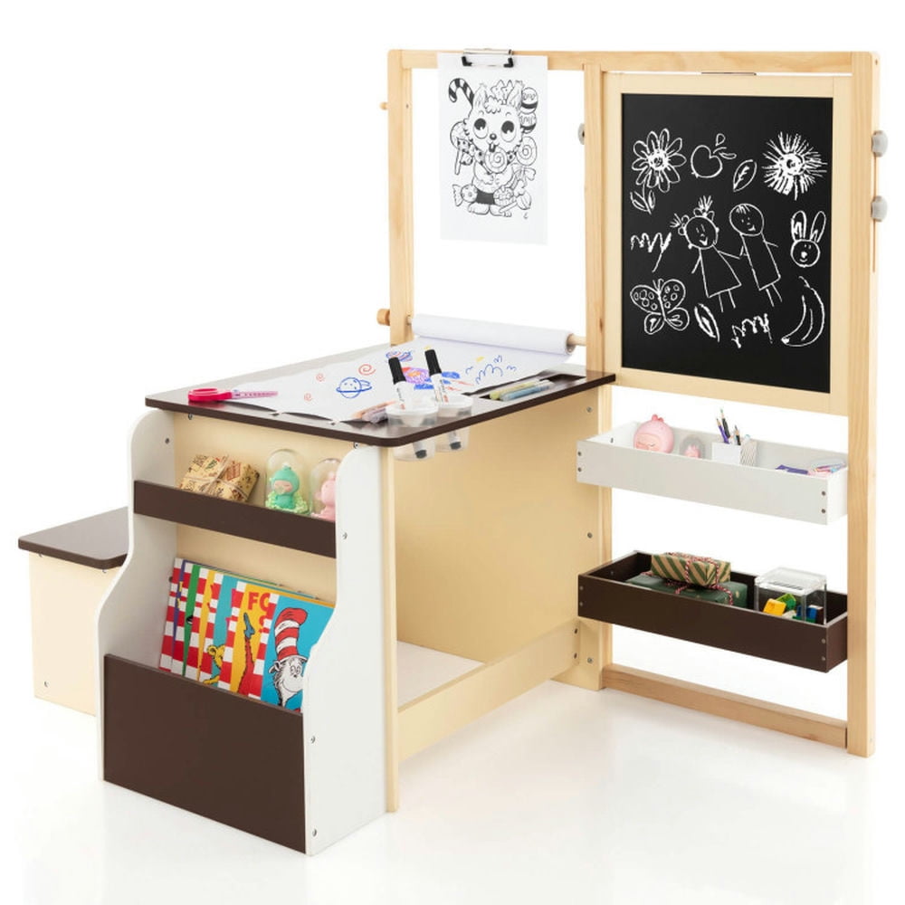 YYAo Table & Chair Set, Children Play Room Set,Kids Art Center Wooden Table Bench Set-Brown