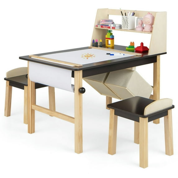 YYAo Table & Chair Set, Children Play Room Set,Kids Art Table and Chairs Set with Paper Roll and Storage Bins-Coffee