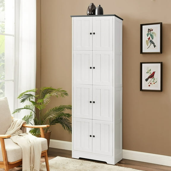 YYAo Tall Storage Cabinet with 8 Doors and 4 Shelves, Wall Storage Cabinet for Living Room, Kitchen, Office, Bedroom, Bathroom, White