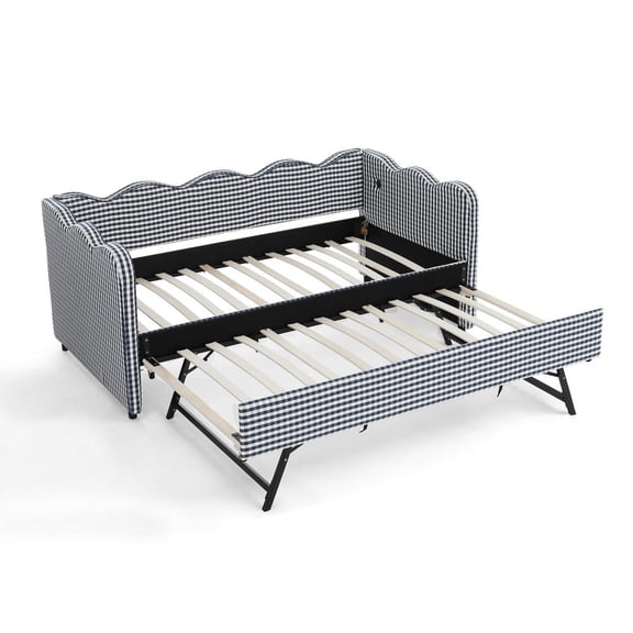 YYAo Twin Daybed Set with Roll Out Trundle, Versatile Sleeper Sofa for Home Office, Built in USB Port, Supportive Wave Contoured Linen Upholstery, Navy
