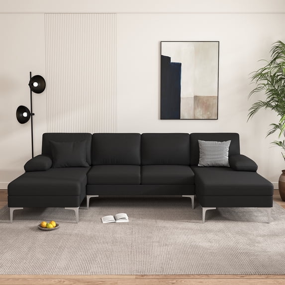YYAo Upholstery U-Shaped Fabric Sofa Couch with Two Imperial Concubine Iron Feet 4 Seats for Living Room, Black