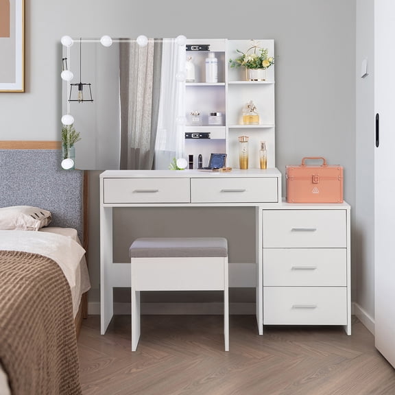 YYAo Vanity Desk Set, Makeup Vanities Dressing Table with Stool, Particleboard Triamine Veneer 5 Pumps 2 Shelves Mirror Cabinet Three Dimming Light Bulb Dressing Table Set White