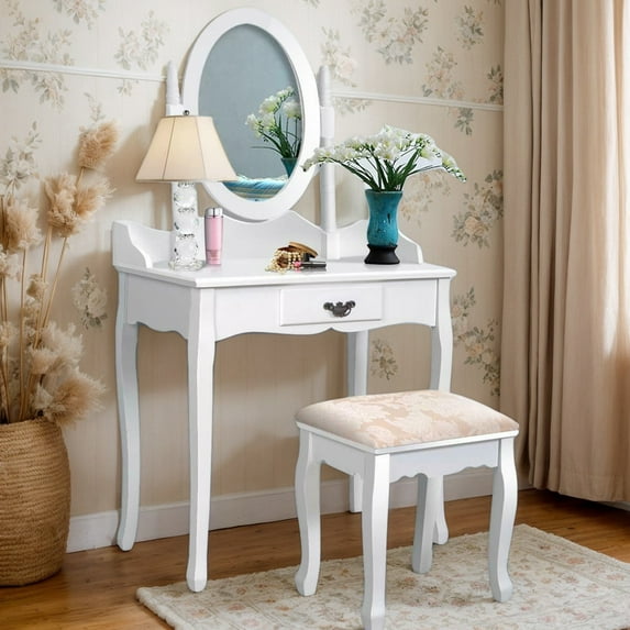YYAo Vanity Table Set, Wooden Dressing Table with Oval Rotating Mirror, Painted Finish, Vanity Makeup Table with Padded Stool Seat, Easy to Assemble (White)